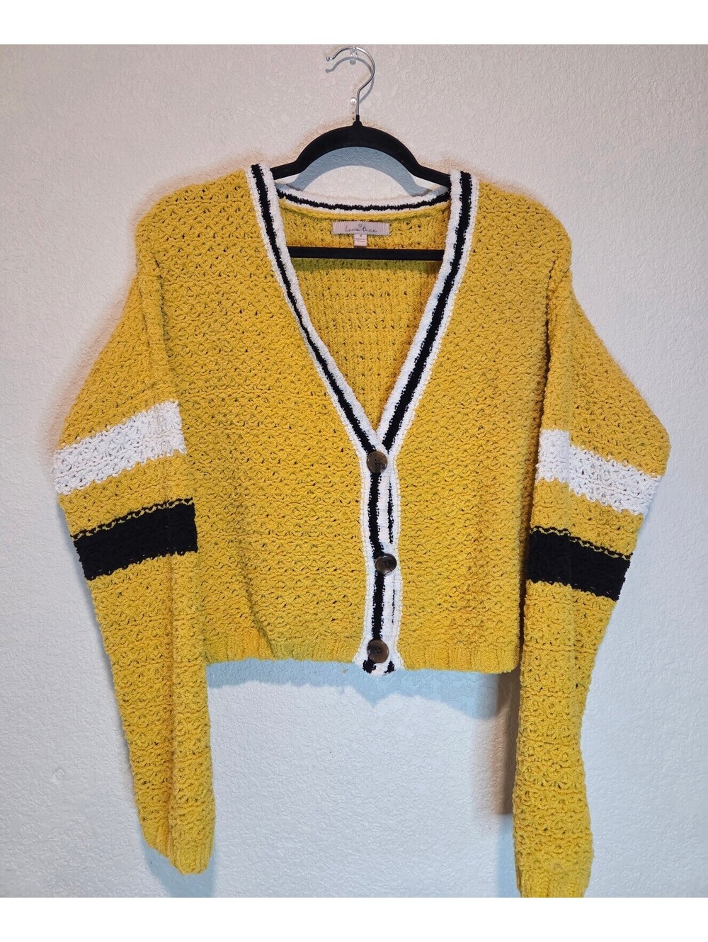 Love Tree Yellow Button-Up Cropped Cardigan Sweater with Stripes, M